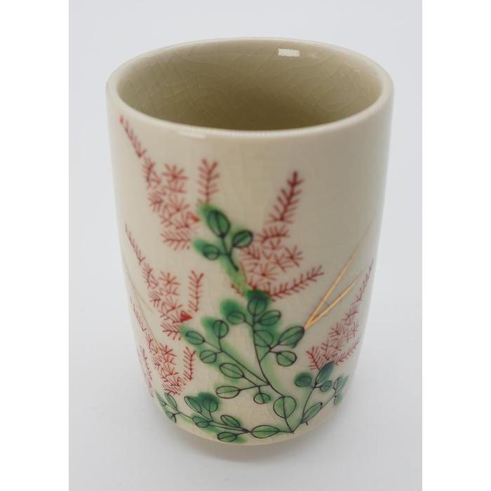 VINTAGE Japanese Kutani Ware Yunomi Tea Cup with Red and Green Botanical Pattern – Crackle Glaze