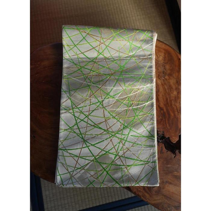 Vintage Japanese Obi Decorative - Beige with Green Stripes