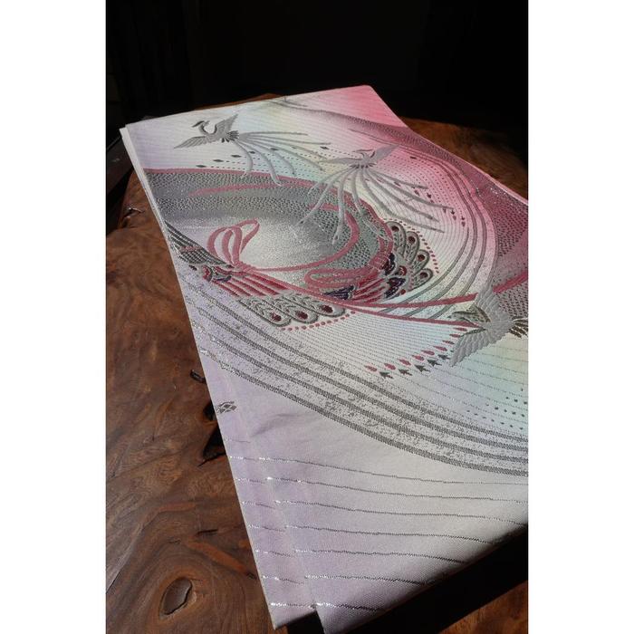 Vintage Japanese Fukuro Obi – Silver & Pink Crane Motif