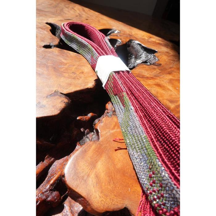 Vintage Obijime Cord – Red with Green & Silver Woven Pattern