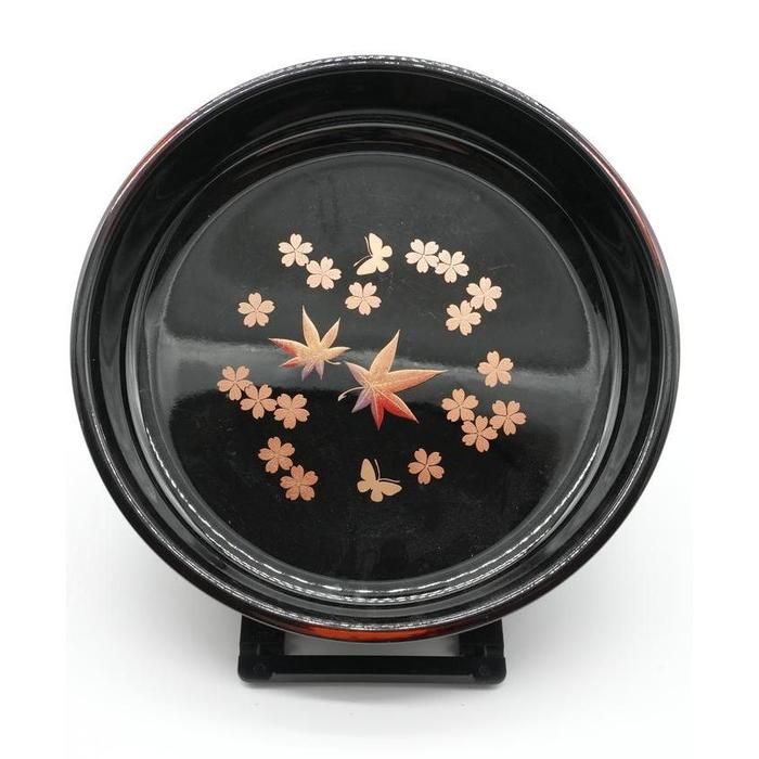 VINTAGE - Japanese Hanae Mori Lacquer-Style Serving Tray with Sakura, Momiji & Butterfly Motif