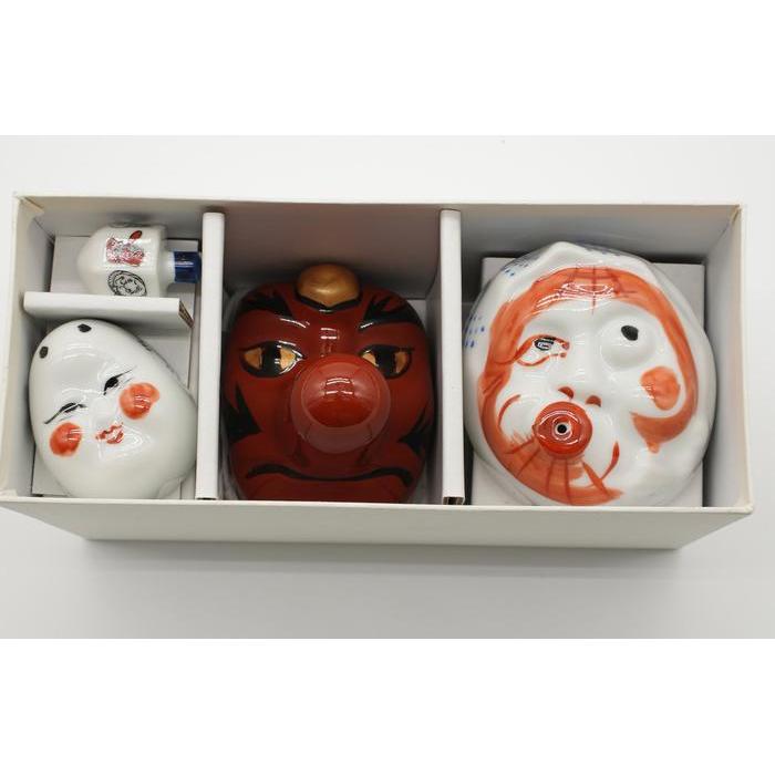 VINTAGE - Japanese Hyottoko, Tengu & Okame Ceramic Sake Cup Game Set