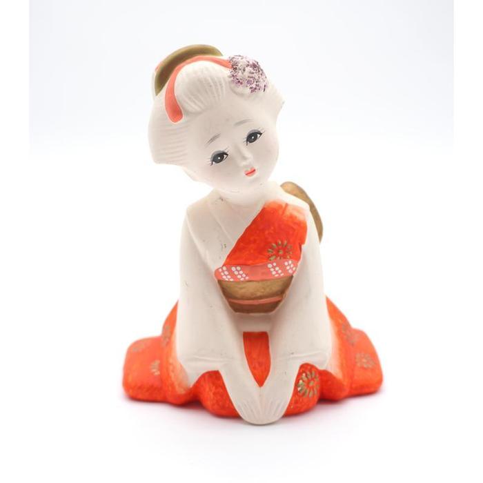 VINTAGE - Japanese Nihon Ningyo – Seated Kyoto Maiko Figurine in Vermilion Kimono