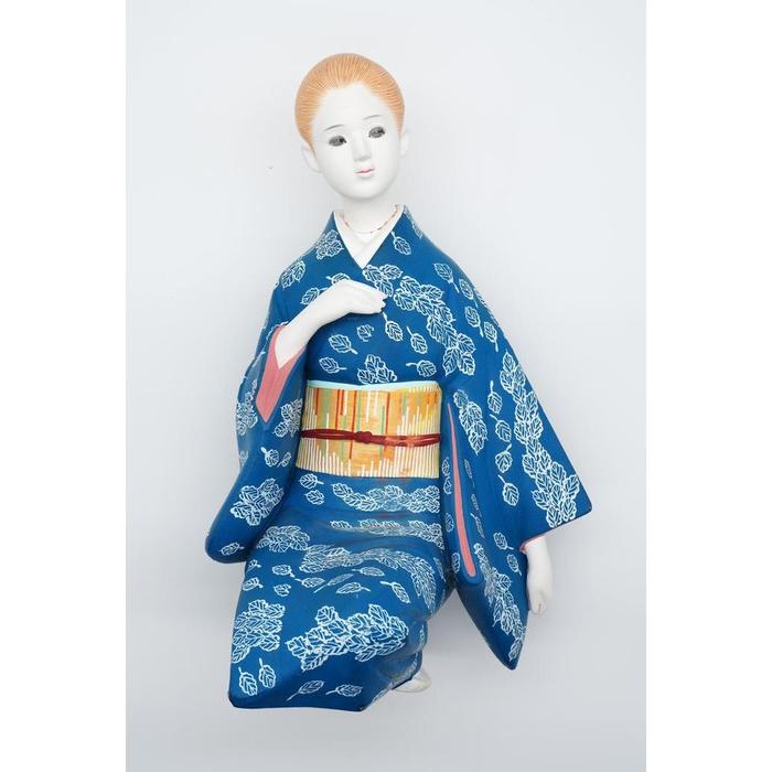 EMS ? VINTAGE - Japanese Nihon Ningyo – Blue Kimono Lady Figurine with White Leaf Pattern