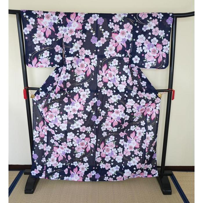 Vintage Navy Yukata with Sakura Floral Pattern, For Height 165–175 cm (maximum height for those who don't require an ohashori)