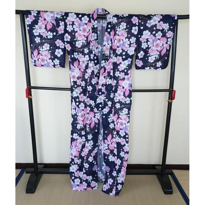 Vintage Navy Yukata with Sakura Floral Pattern, For Height 165–175 cm (maximum height for those who don't require an ohashori)