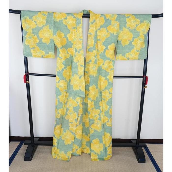 Vintage Blue-green Yukata with Yellow Floral Pattern, For Height 165–175 cm (maximum height for those who don't require an ohashori)