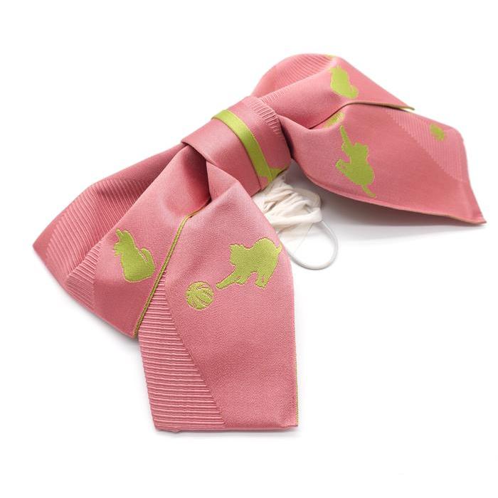 Vintage Japanese Obi Belt with Cat Pattern – Pink Yukata Kimono Bow Belt