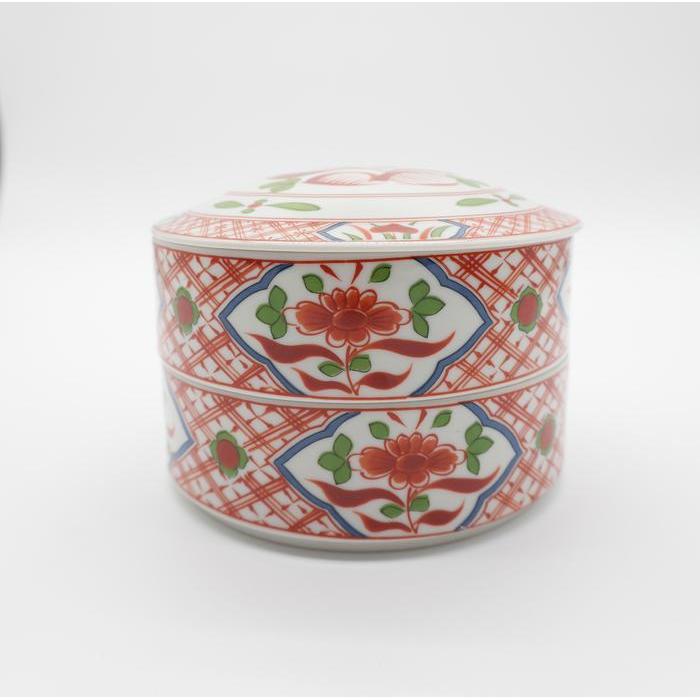 Vintage Japanese Arita-yaki / Double Tier Porcelain Bowl with Lid – Red Floral Akae Pattern