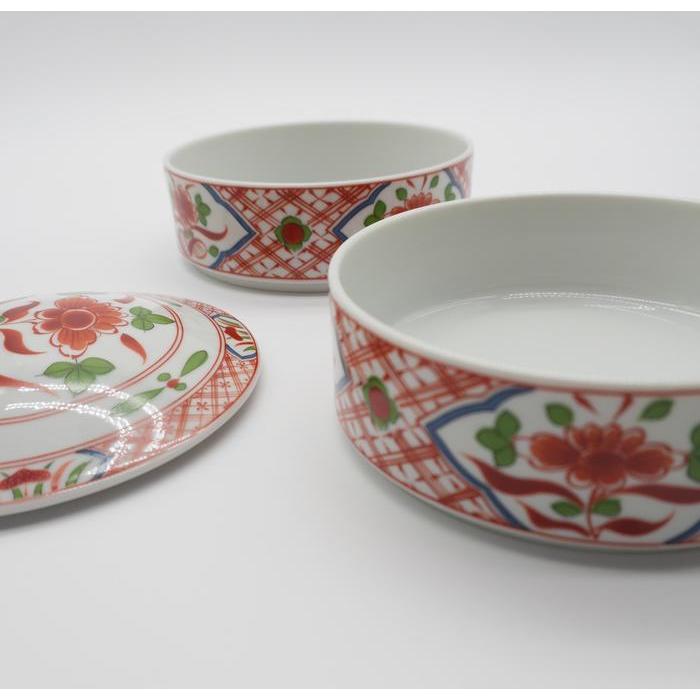 Vintage Japanese Arita-yaki / Double Tier Porcelain Bowl with Lid – Red Floral Akae Pattern