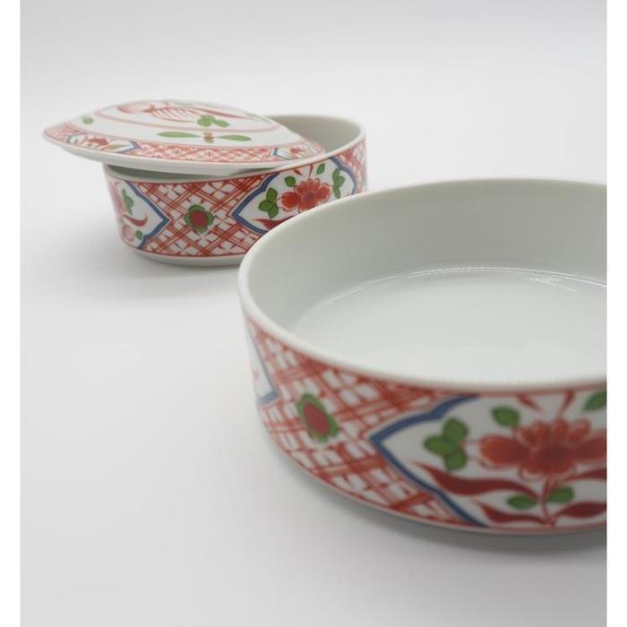 Vintage Japanese Arita-yaki / Double Tier Porcelain Bowl with Lid – Red Floral Akae Pattern