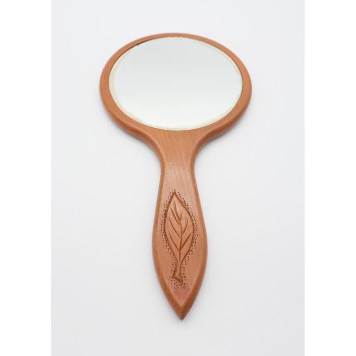 VINTAGE - Japanese Wooden Hand Mirror with Carved Floral Design
