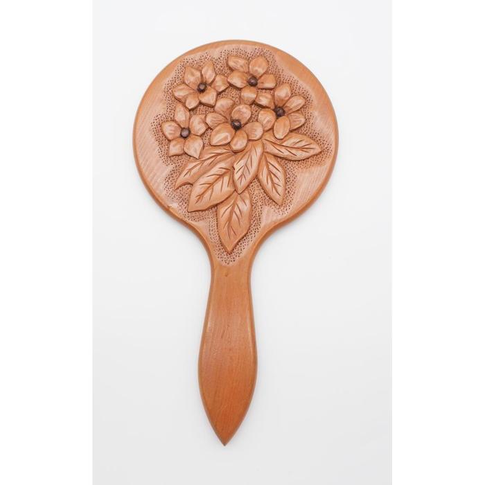VINTAGE - Japanese Wooden Hand Mirror with Carved Floral Design