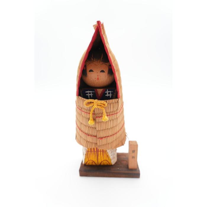 VINTAGE - Japanese Kokeshi - Style Folk Doll Wearing a Straw Mino Cape