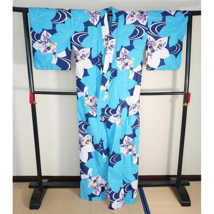 VINTAGE Navy Blue Yukata with Blue Leaf and White Floral Pattern, For Height 163-173cm (maximum height for those who don't require an ohashori)