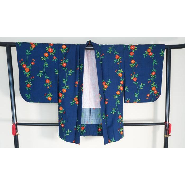 VINTAGE Navy Blue Haori with Orange Floral Pattern
