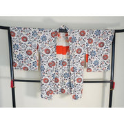 VINTAGE White Haori with Navy Blue, Burgundy and Gray Floral Pattern
