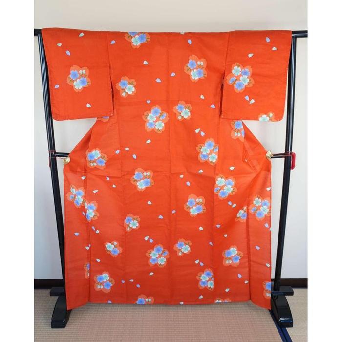 Summer Japanese Yukata – Orange Floral, Cotton, SIZE good on 165cm-175cm