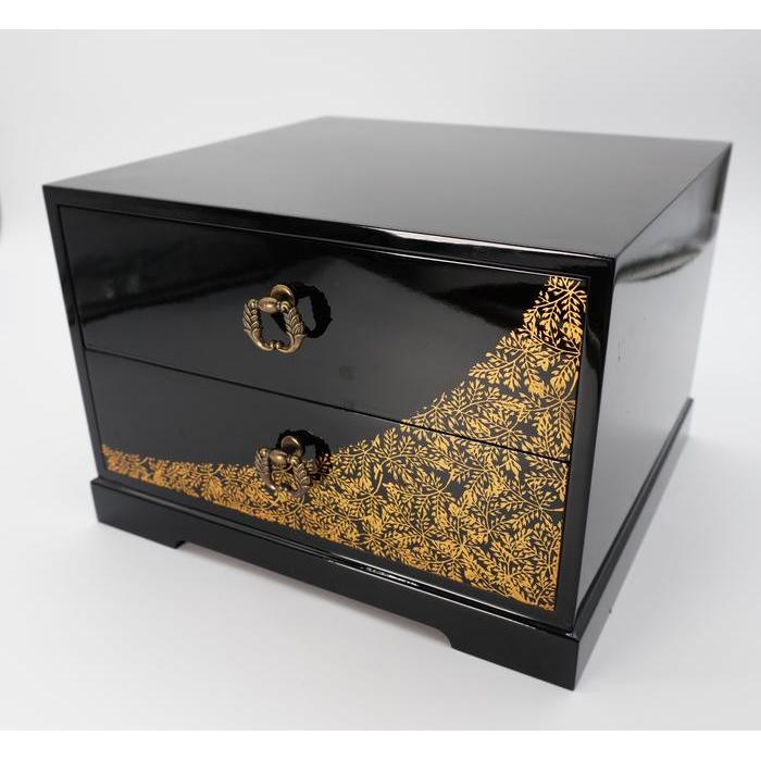VINTAGE Japanese Black Lacquered Wooden Two-Drawer Chest with Gold Botanical Pattern – Traditional Mini Tansu