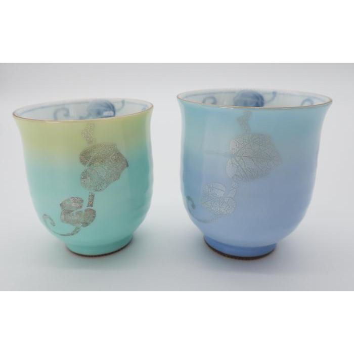 VINTAGE Japanese Yuri Ginsai Yunomi Tea Cup Set – Pastel Blue & Green Pair with Silver Leaf Decoration
