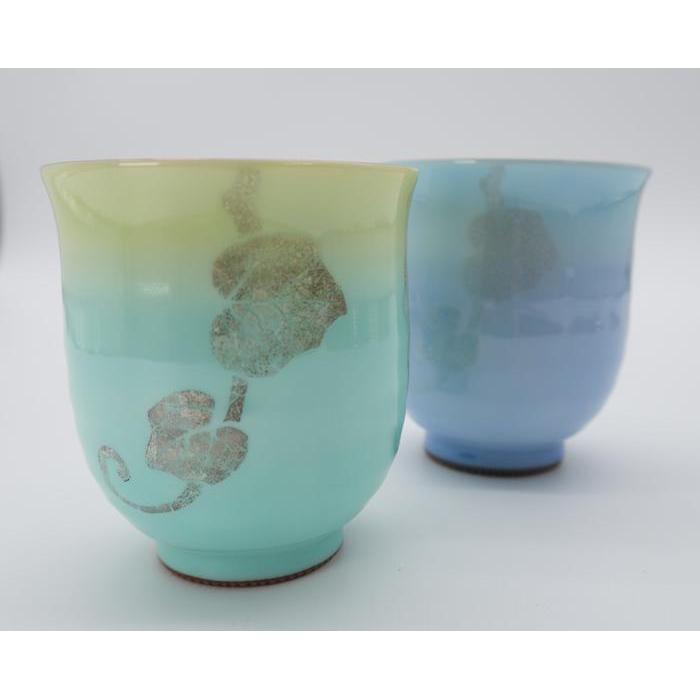 VINTAGE Japanese Yuri Ginsai Yunomi Tea Cup Set – Pastel Blue & Green Pair with Silver Leaf Decoration